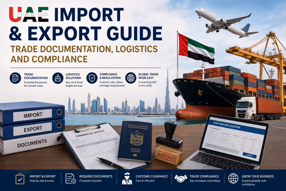 UAE import and export guide featuring trade documentation, cargo ship, air freight, customs clearance and logistics operations
