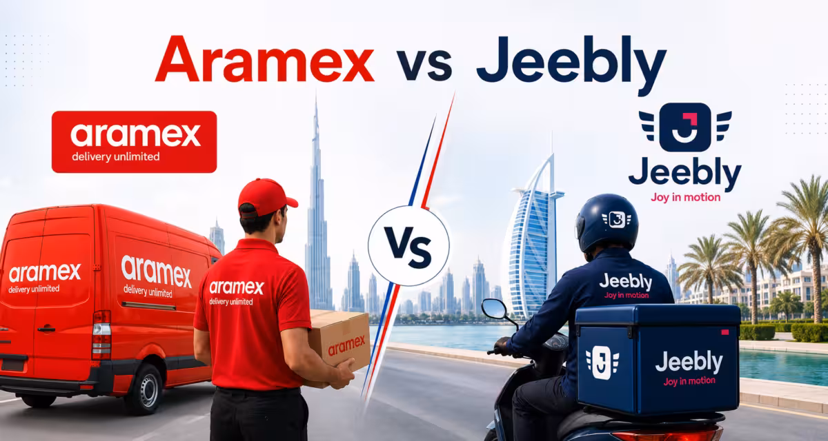 Comparison graphic showing Aramex and Jeebly last-mile delivery services in the UAE, featuring delivery vehicles, couriers, and key logistics service categories.