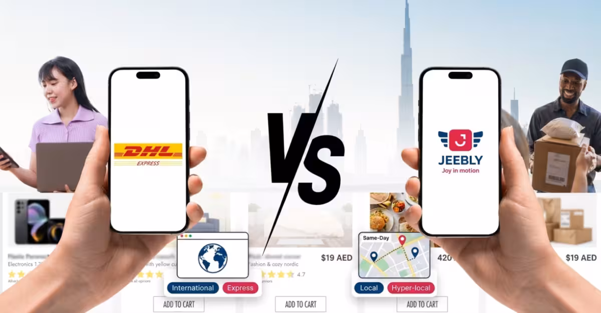A comparison banner for UAE eCommerce delivery showing two hands holding smartphones side-by-side against a blurred Dubai skyline. The left screen displays the DHL Express logo with an "International Express" badge below it, while the right screen displays the Jeebly logo with a "Local Hyper-local" map route badge. A bold "VS" graphic splits the center.