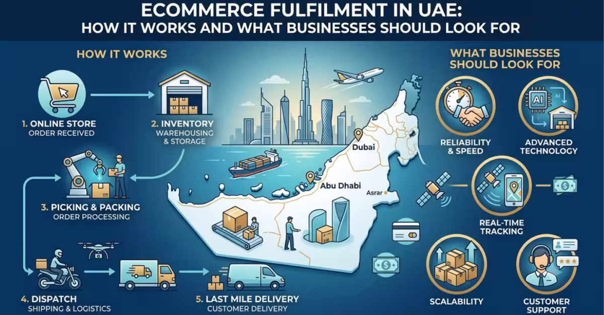Infographic titled "Ecommerce Fulfilment in UAE: How It Works and What Businesses Should Look For." The left side shows a 5-step workflow: Online Store, Inventory, Picking & Packing, Dispatch, and Last Mile Delivery. The center features a map of the UAE with iconic cityscapes. The right side lists business requirements: Reliability & Speed, Advanced Technology, Real-Time Tracking, Scalability, and Customer Support.