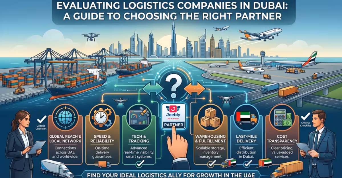 An infographic illustrating the evaluation of logistics companies in Dubai against the backdrop of the city skyline, port, and airport. It features a decision-making flow focused on key pillars like 'Global Reach & Local Network', 'Speed & Reliability', 'Tech & Tracking', 'Warehousing & Fulfillment', 'Last-Mile Delivery', and 'Cost Transparency'. A central question mark is linked to diverse transport modes and two business professionals review a 'Criteria Checklist'.