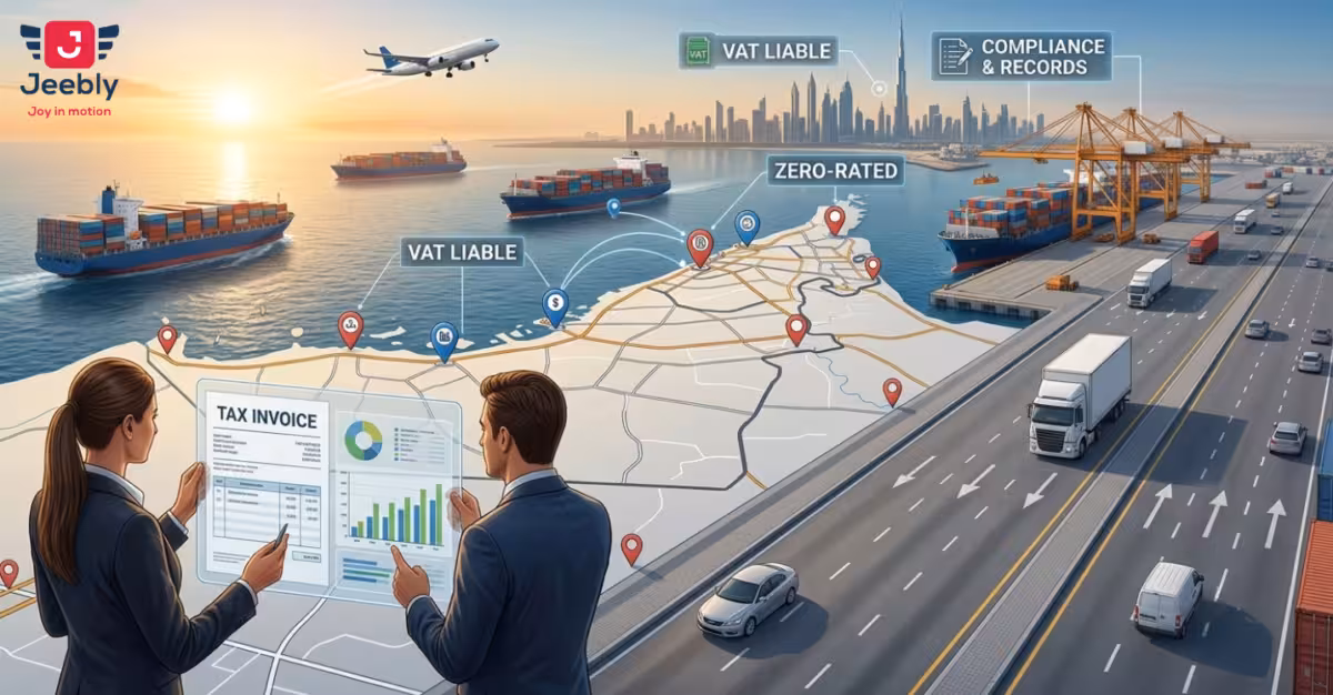 UAE VAT on imports and exports showing tax compliance, logistics, shipping and customs documentation