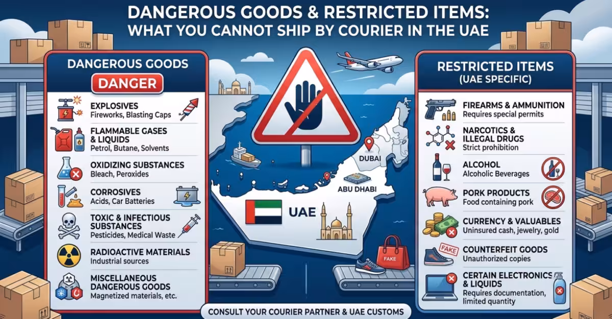 Dangerous goods and restricted items that cannot be shipped by courier in the UAE, including hazardous materials, prohibited products and customs restrictions.