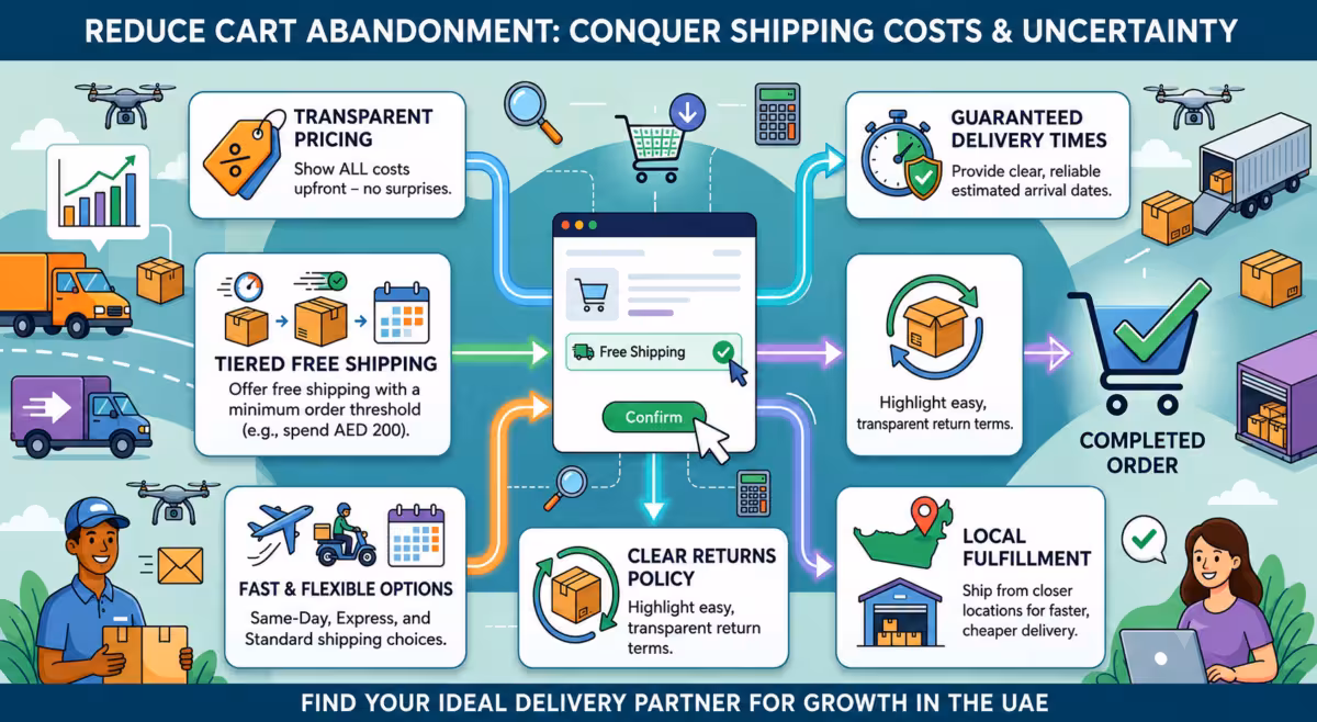 Illustration showing strategies to reduce cart abandonment through transparent shipping costs, fast delivery, local fulfilment, and clear returns policies for UAE eCommerce businesses.