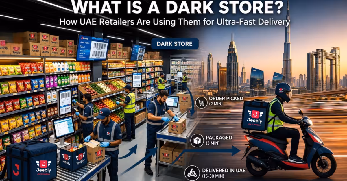 Dark store in the UAE showing retail inventory, order picking, packaging, and Jeebly last-mile delivery for ultra-fast fulfillment