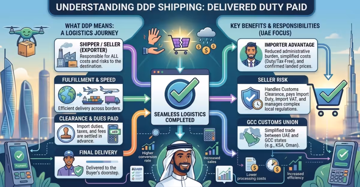 DDP shipping infographic explaining seller responsibilities, customs clearance, duties, final delivery, and benefits for UAE importers