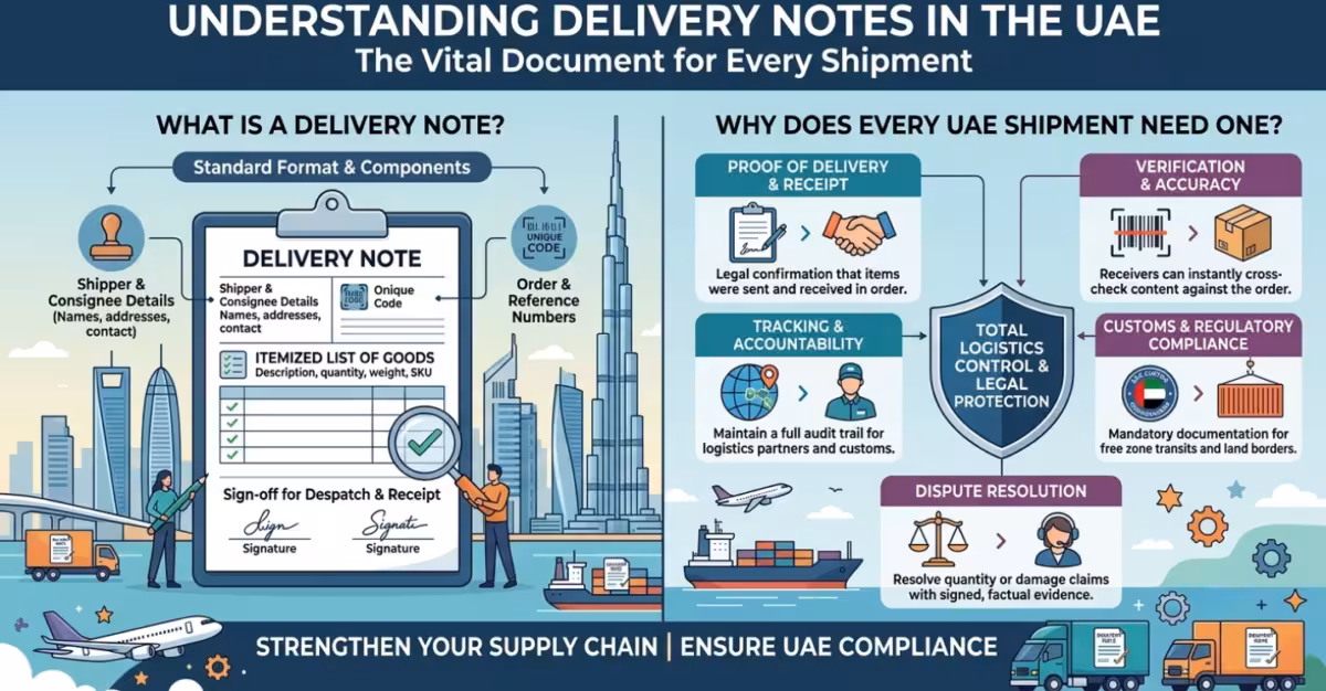 Delivery note document showing shipment details, proof of delivery, tracking, verification and UAE logistics compliance