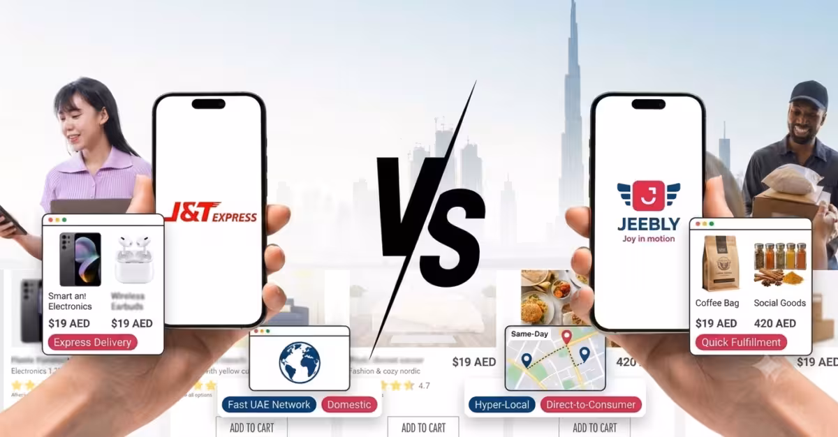 J&T Express vs Jeebly comparison graphic featuring delivery apps, e-commerce products, and UAE logistics services against the Dubai skyline.