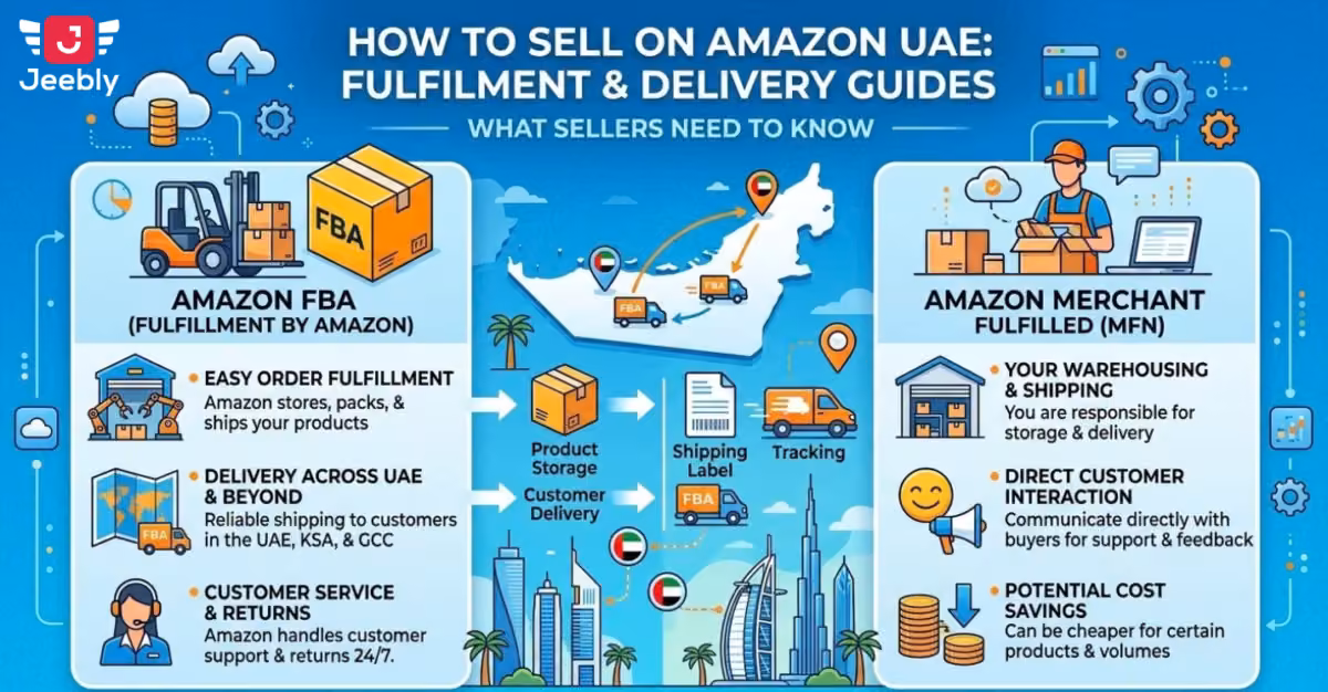 An isometric infographic detailing how to sell on Amazon UAE. The left side covers seller onboarding and listing steps like defining business activity, trade name reservation, and document preparation. The right side compares FBA (Fulfilment by Amazon) and FBM (Fulfilment by Merchant) logistics and delivery models against a Dubai skyline.