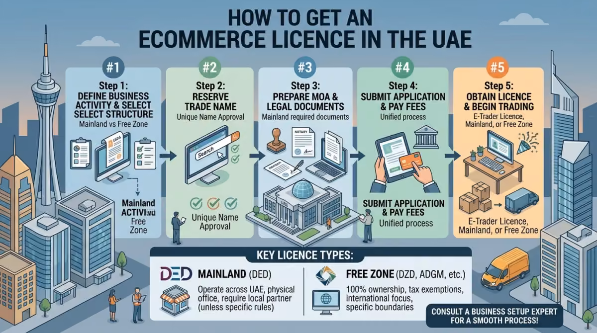 How to get an eCommerce licence in the UAE, showing five steps from selecting a business structure and trade name to submitting the application, paying fees, and obtaining the licence
