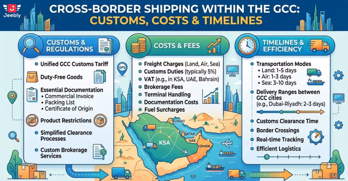 An infographic detailing the process of cross-border shipping within the Gulf Cooperation Council (GCC). The graphic is split into three main sections: "Customs & Regulations," "Costs & Fees," and "Timelines & Efficiency," all surrounding a map of the GCC region (Saudi Arabia, UAE, Oman, Qatar, Kuwait) with shipping routes.