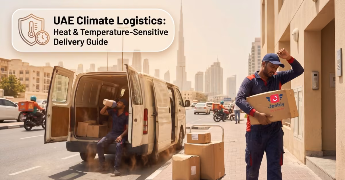 A Jeebly courier driver carrying a parcel while wiping sweat on a sunny Dubai street, with a second driver drinking water by a delivery van, illustrating UAE heat logistics and temperature-sensitive shipping challenges.