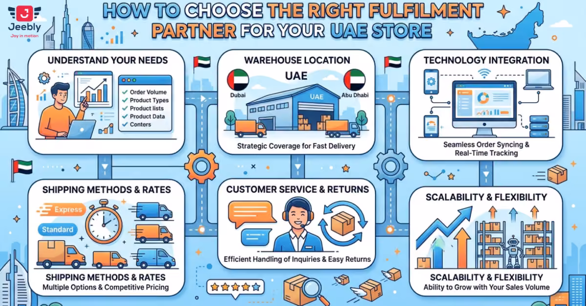 An infographic detailing six steps to choose the right fulfillment partner for a UAE store: understand needs, warehouse location (Dubai/Abu Dhabi), technology integration, shipping methods, customer service, and scalability, set against a UAE city skyline