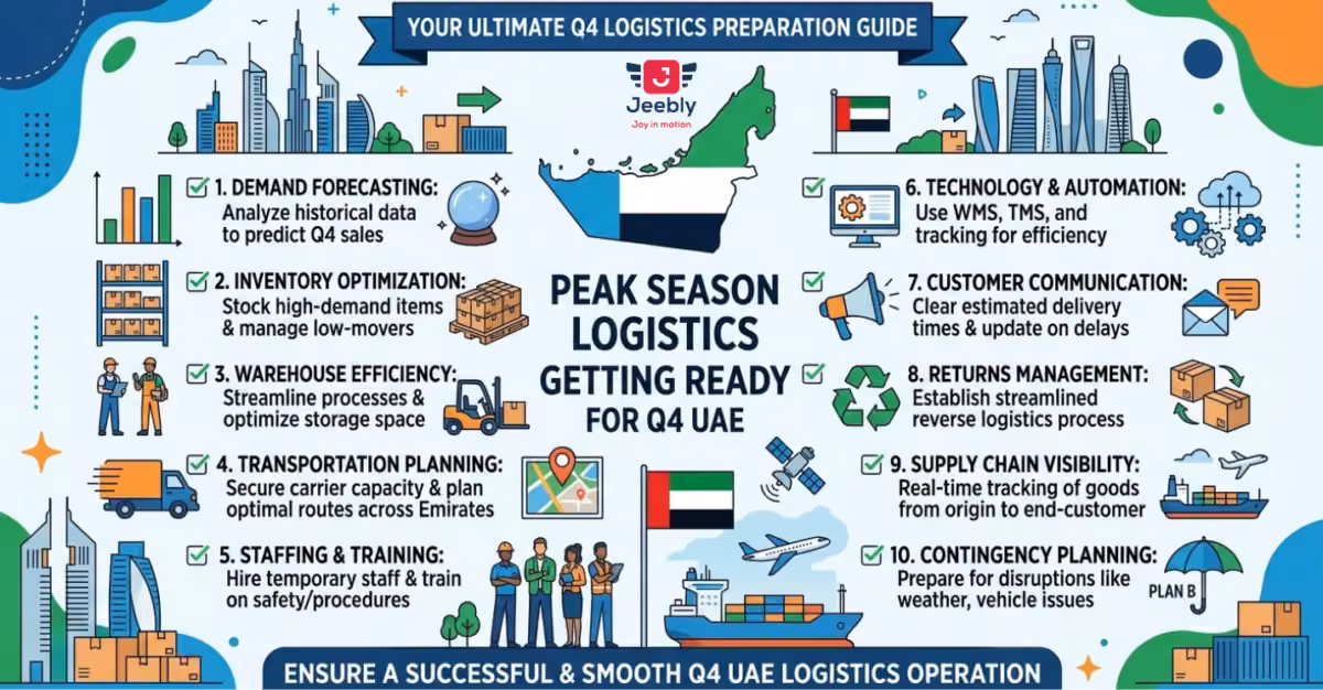 An infographic checklist outlining 10 key steps for Q4 UAE logistics preparation, featuring icons for demand forecasting, inventory, warehouse efficiency, transportation, staffing, and technology against a UAE skyline and map background.