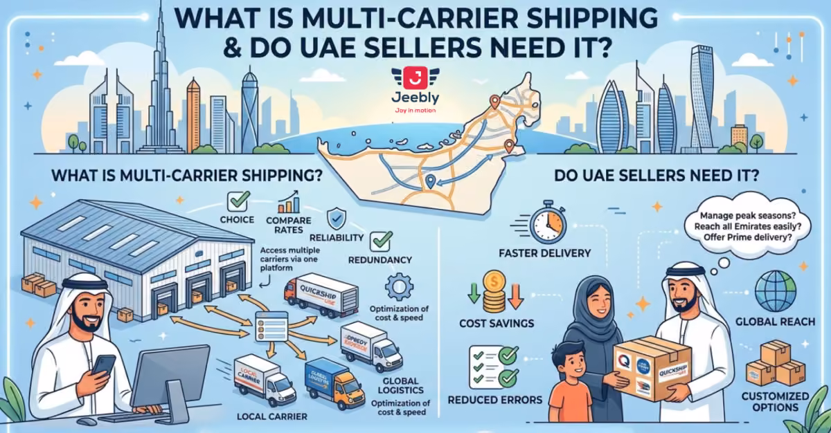 An infographic illustrating multi-carrier shipping for UAE e-commerce sellers, divided into two main sections explaining what it is and why it's needed, set against a backdrop of a UAE map and modern city skyline.