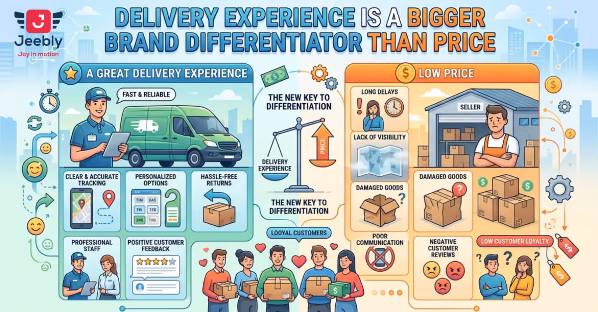 An infographic comparing how a positive delivery experience (left) vs. low price (right) impacts brand loyalty, featuring icons for tracking, staff, and costs in AED.