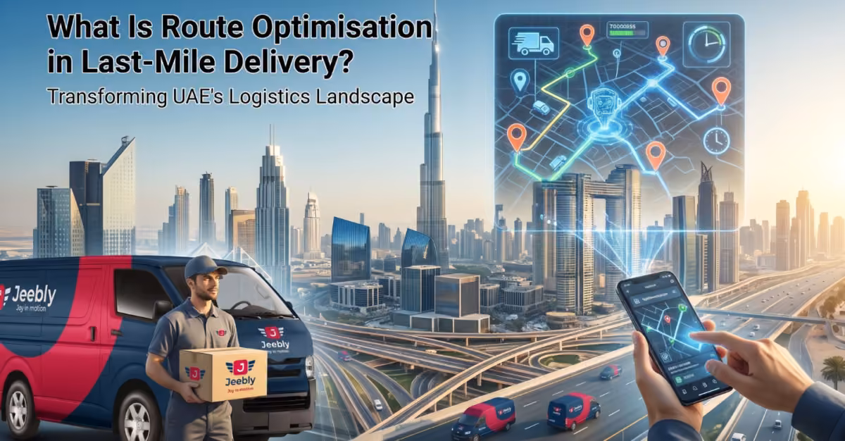 Jeebly delivery van and driver holding a branded parcel against the Dubai skyline, featuring a digital route optimisation map interface.